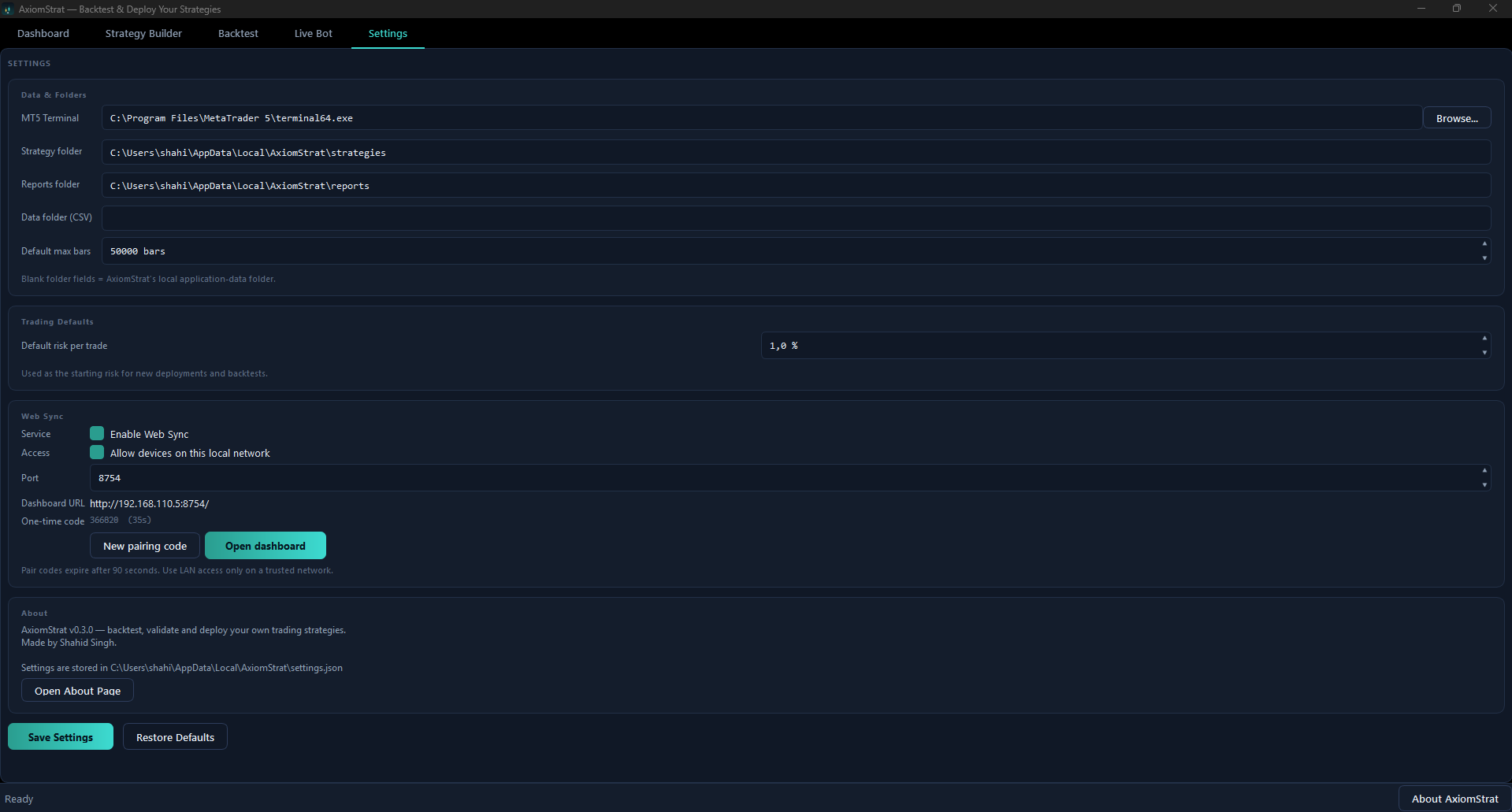 AxiomStrat settings